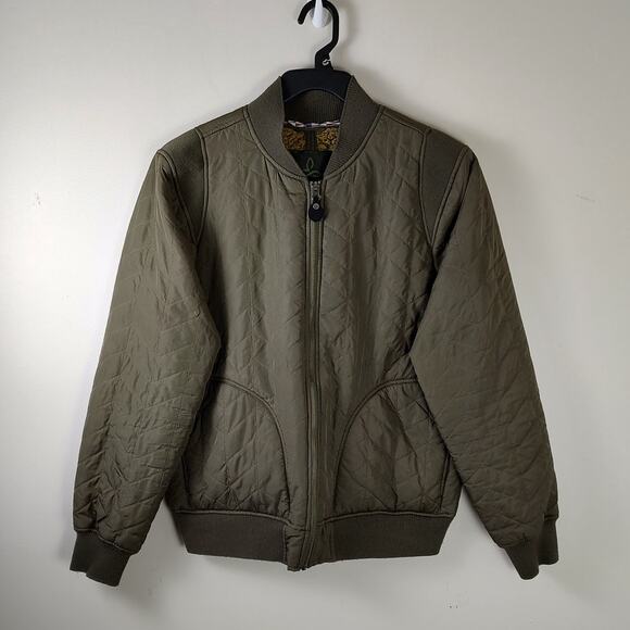 Prana Diva sherpa lined quilted olive green bomber jacket womens Large - Picture 1 of 8